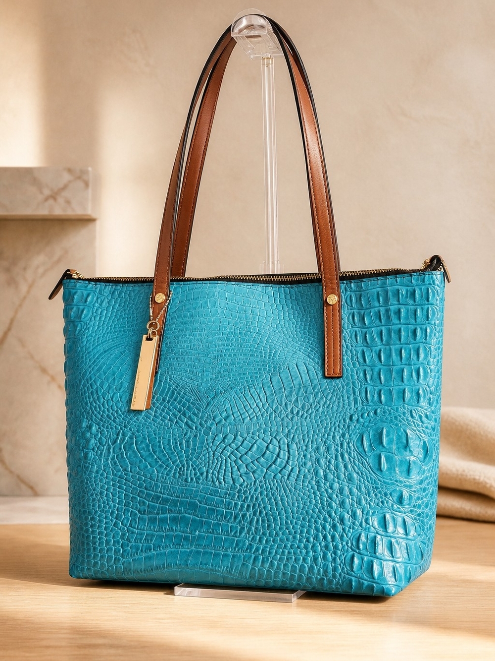 Kate Landry Turquoise Croc-Embossed Tote with Brown Straps
